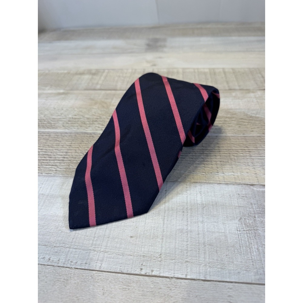 Brooks Brothers Makers Mens Silk Tie Navy Blue Pink Stripe Hand Made USA